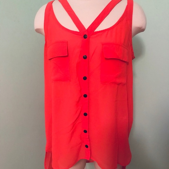 Coral Strap Tank w/ Front Pockets Sheer Hi-Low Cut - Picture 3 of 8